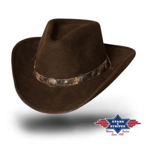 Stars & Stripes, El Dorado westernhat, 100% uldfilt med formbar skygge og hattebånd m. conchos, brun