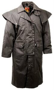 Kakadu Traders Australia, Workhorse Drovers Coat i sort eller brun oilskin med termofor