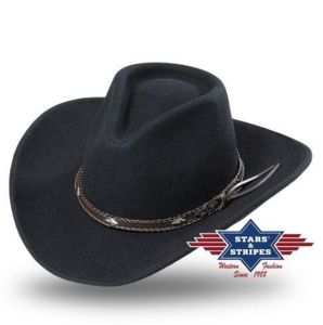 Stars & Stripes, Dallas, 100% uldfilthat i sort med formbar skygge og læder hattebånd