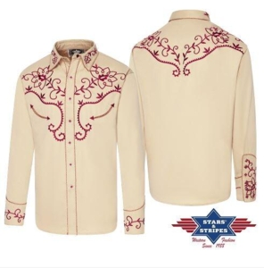 Stars & Stripes, Camden- beige western herreskjorte med flotte røde broderier